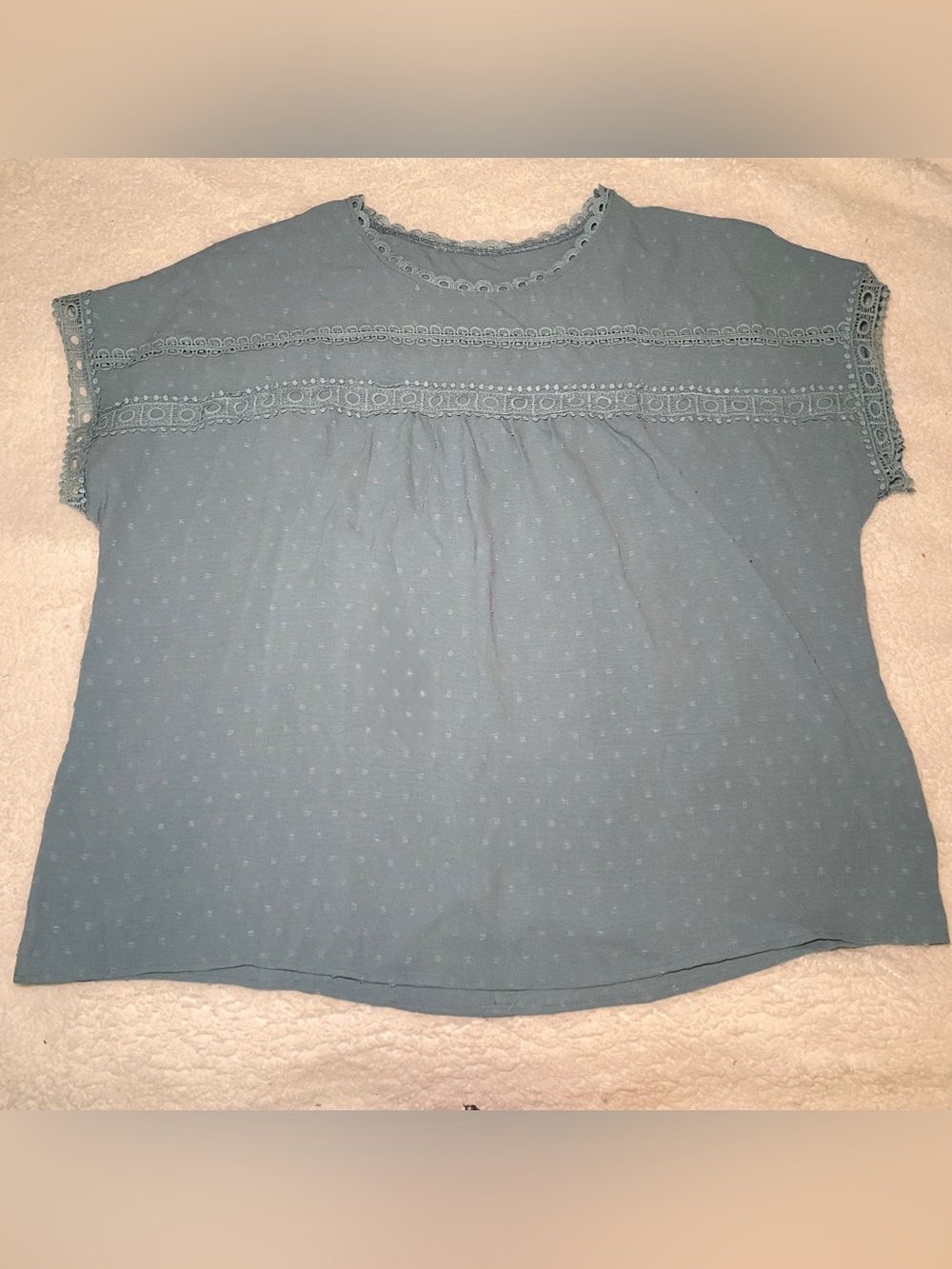 Light Teal Swiss Dot Lace Yoke Blouse